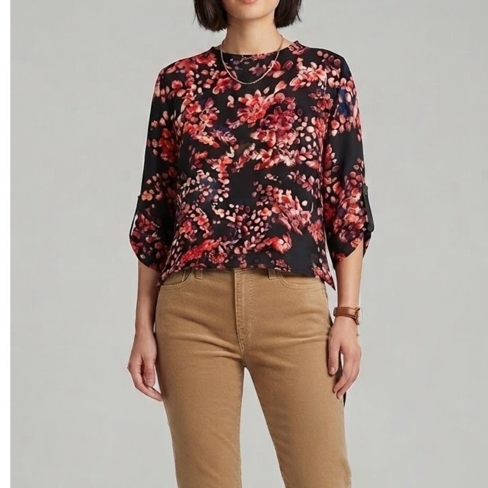Clara Sun Woo Women's Black Red Floral Boat Neck 3/4 Sleeve High Lo Blouse Top S